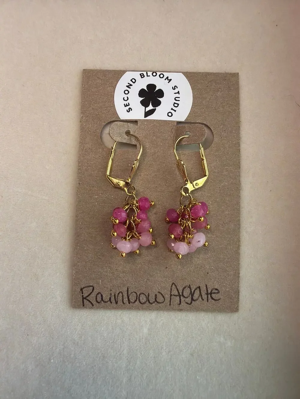 Rainbow Agate Cascade Earrings, Pink, 18K Gold Plated, Wire Wrapped, Artisan